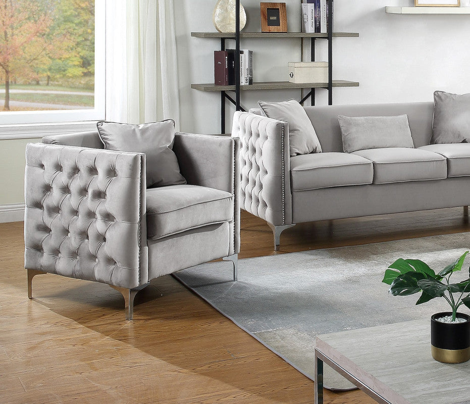 Lilola Home Bayberry Gray Velvet Chair with 1 Pillow