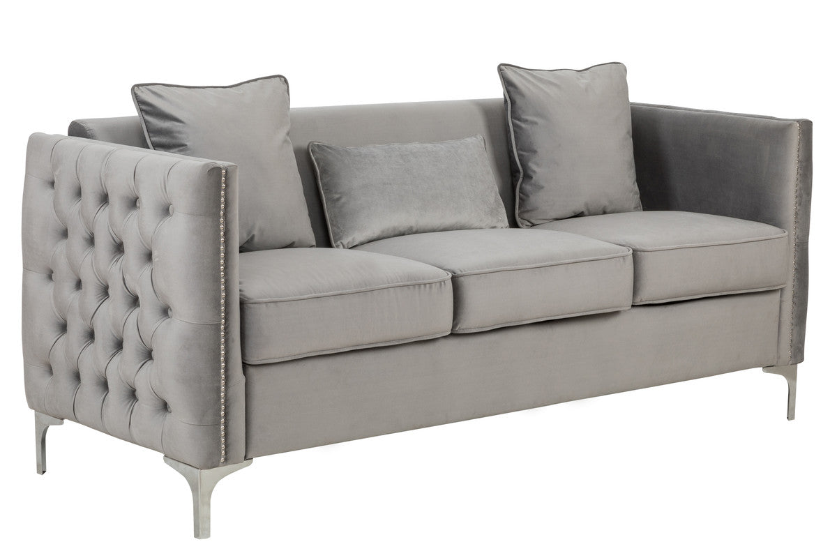 Lilola Home Bayberry Gray Velvet Sofa Loveseat Chair Living Room Set