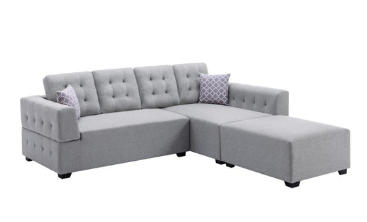 Ordell Light Gray Linen Sectional Sofa with Right Facing Chaise Ottoman, Pillows