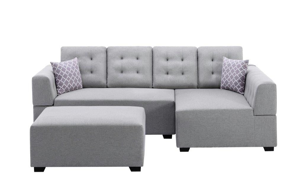 Ordell Light Gray Linen Sectional Sofa with Right Facing Chaise Ottoman, Pillows