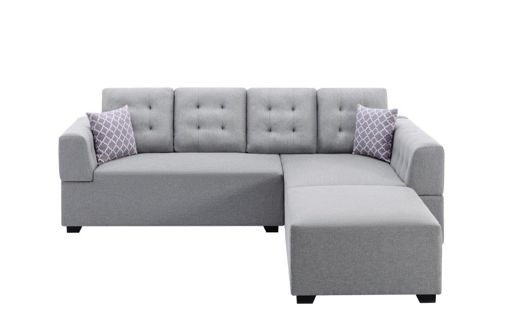 Ordell Light Gray Linen Sectional Sofa with Right Facing Chaise Ottoman, Pillows