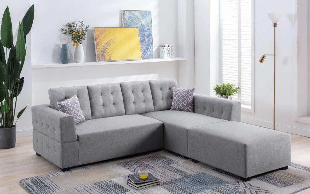 Ordell Light Gray Linen Sectional Sofa with Right Facing Chaise Ottoman, Pillows