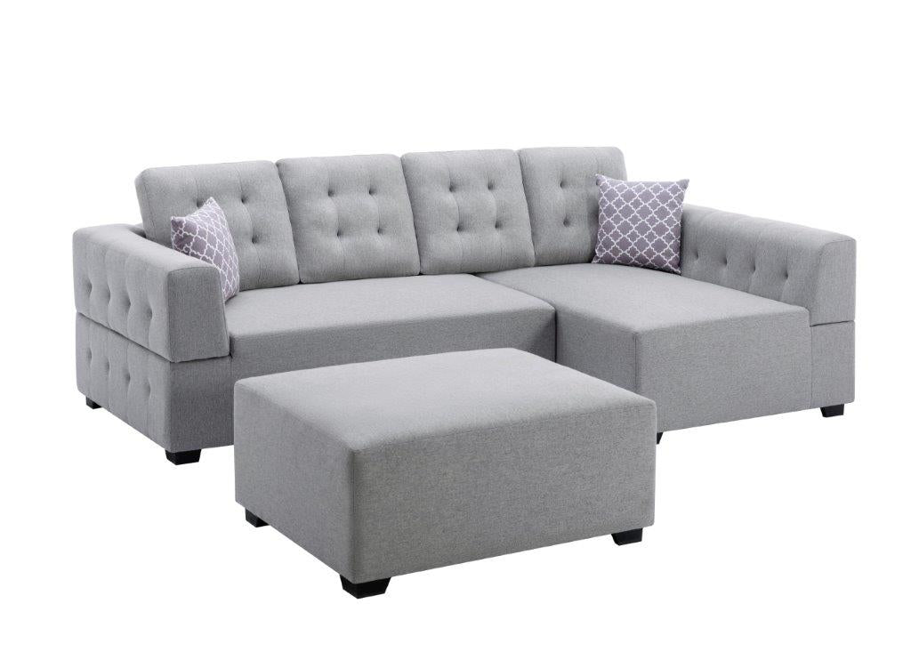 Ordell Light Gray Linen Sectional Sofa with Right Facing Chaise Ottoman, Pillows