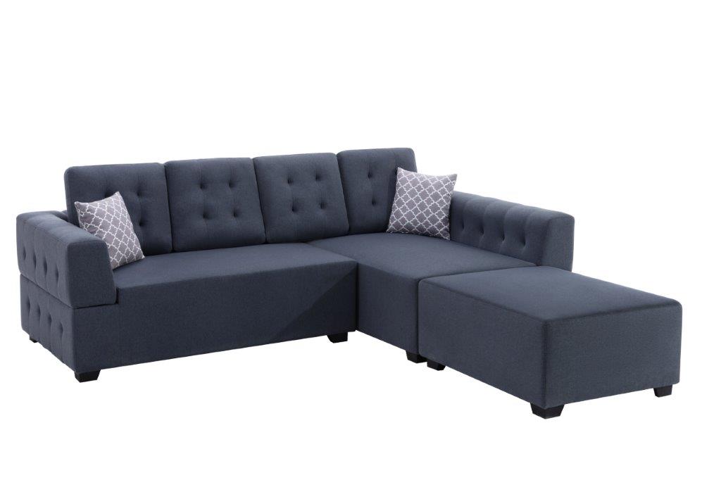 Ordell Dark Gray Linen Sectional Sofa with Right Facing Chaise Ottoman, Pillows