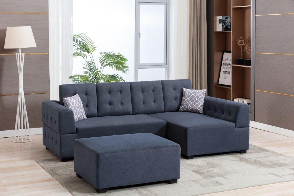 Ordell Dark Gray Linen Sectional Sofa with Right Facing Chaise Ottoman, Pillows