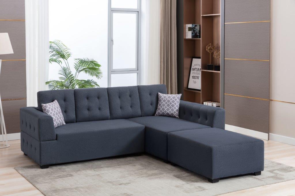 Ordell Dark Gray Linen Sectional Sofa with Right Facing Chaise Ottoman, Pillows