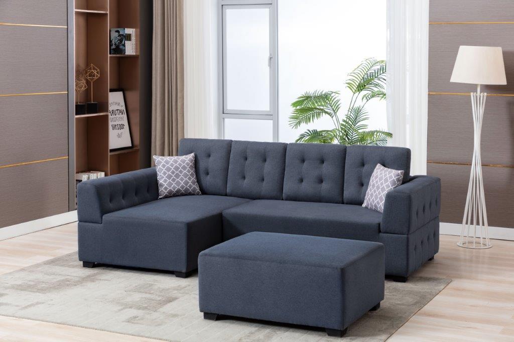 Ordell Dark Gray Linen Sectional Sofa with Left Facing Chaise Ottoman, Pillows