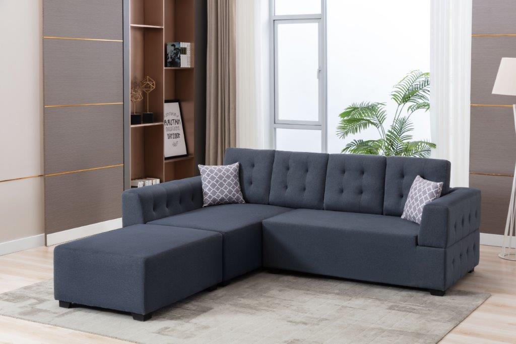 Ordell Dark Gray Linen Sectional Sofa with Left Facing Chaise Ottoman, Pillows