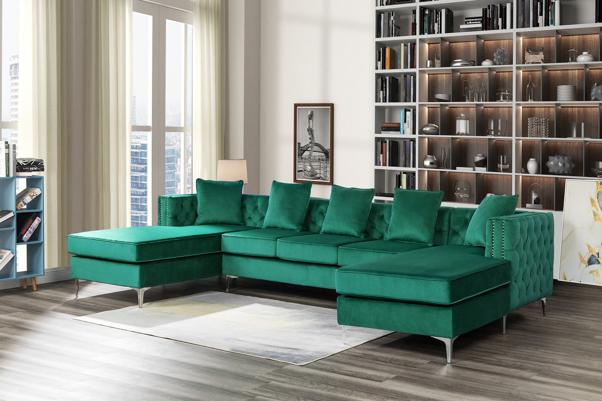 Lilola Home Ryan Green Velvet Double Chaise Sectional Sofa with Nail-Head Trim