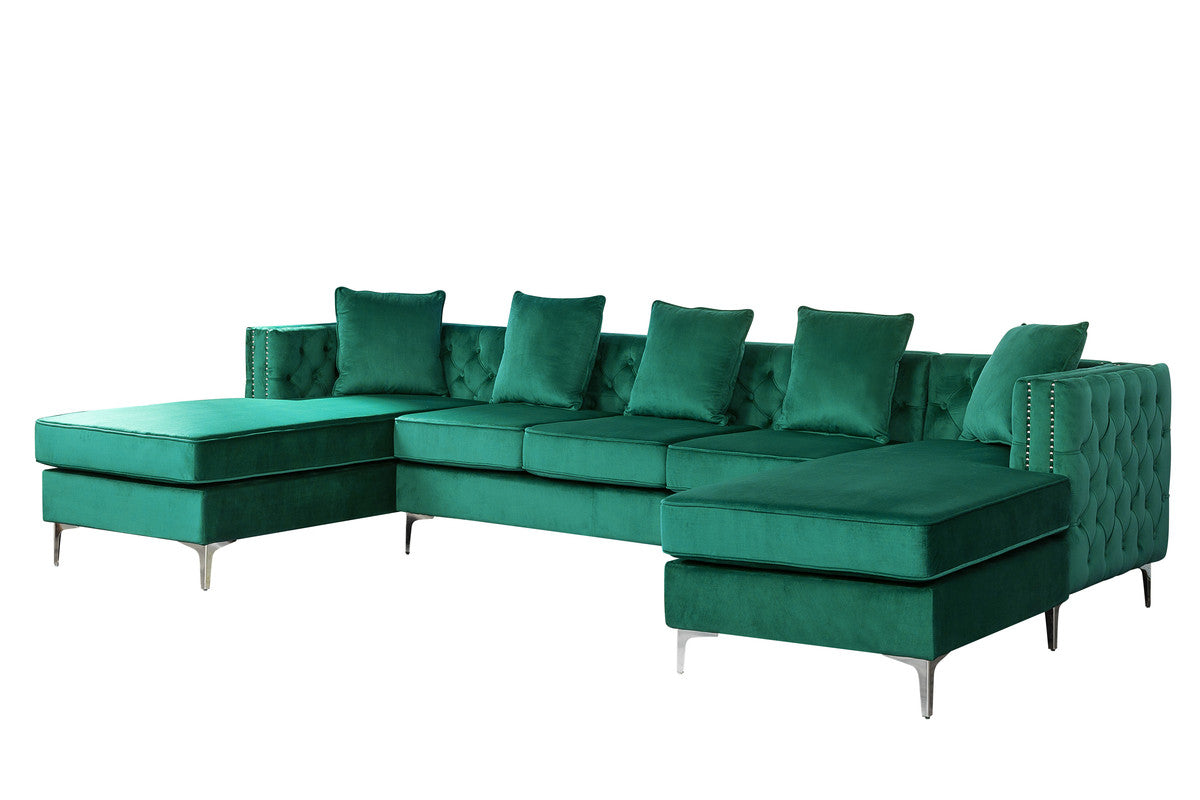 Lilola Home Ryan Green Velvet Double Chaise Sectional Sofa with Nail-Head Trim