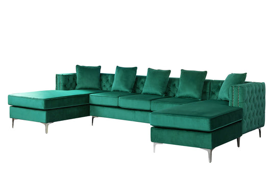 Lilola Home Ryan Green Velvet Double Chaise Sectional Sofa with Nail-Head Trim