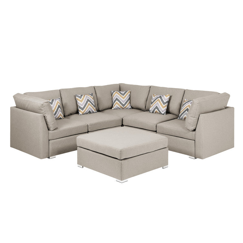 Amira Beige Fabric Reversible Sectional Sofa with Ottoman and Pillows