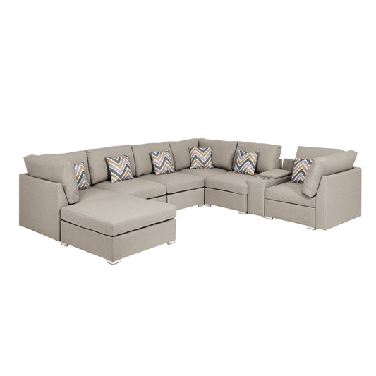 Amira Beige Reversible Modular Sectional Sofa with USB Console, Ottoman, 89820-6