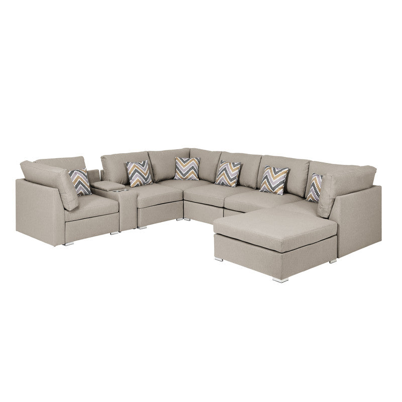 Amira Beige Reversible Modular Sectional Sofa with USB Console, Ottoman, 89820-6