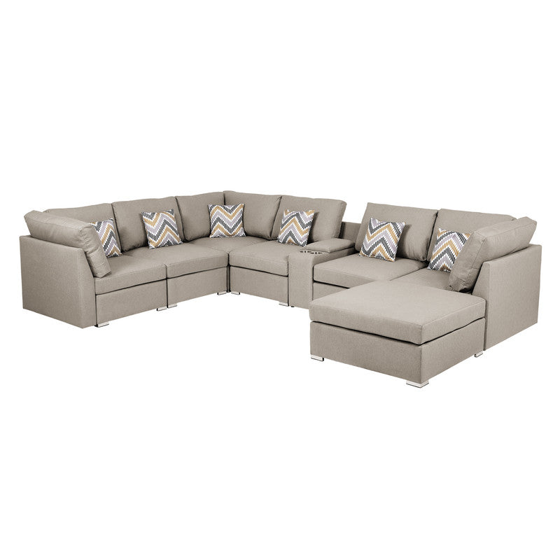 Lucy Beige Fabric Reversible Modular Sectional, USB Console, Ottoman, 889820-6A