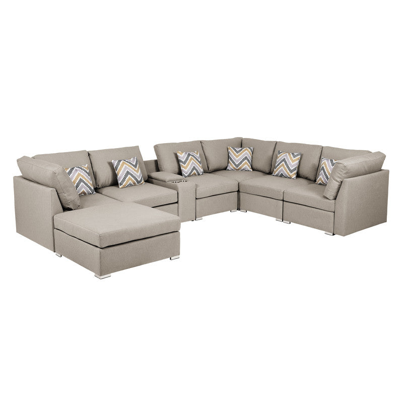 Lucy Beige Fabric Reversible Modular Sectional, USB Console, Ottoman, 889820-6A