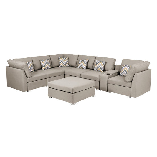 Lucy Beige Fabric Reversible Modular Sectional, USB Console, Ottoman, 889820-6B