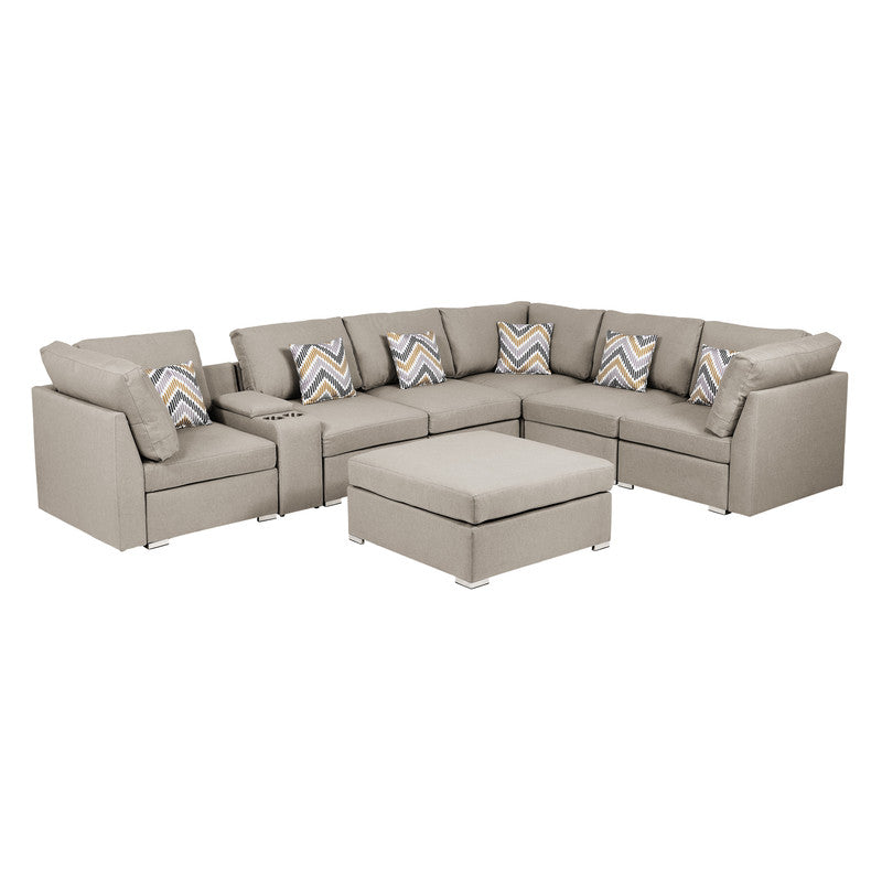 Lucy Beige Fabric Reversible Modular Sectional, USB Console, Ottoman, 889820-6B