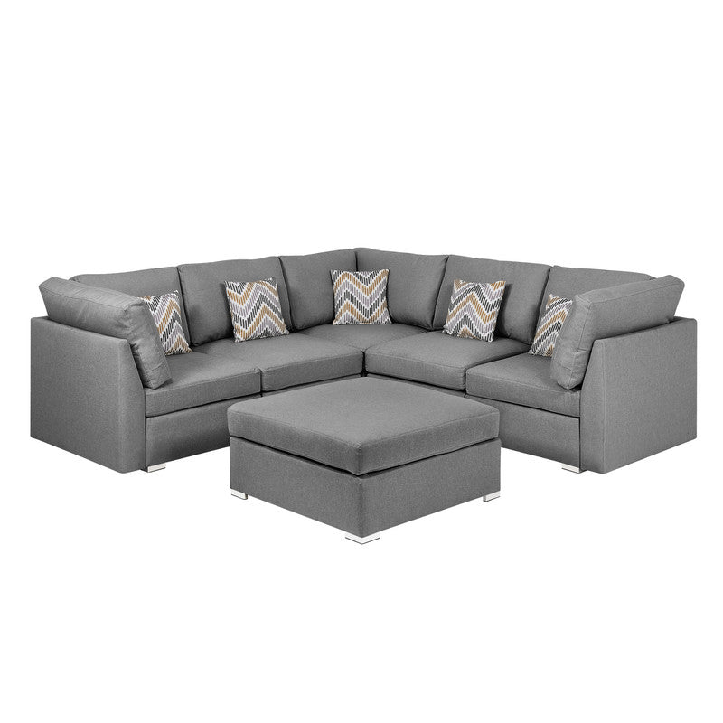 Amira Gray Fabric Reversible Sectional Sofa with Ottoman and Pillows