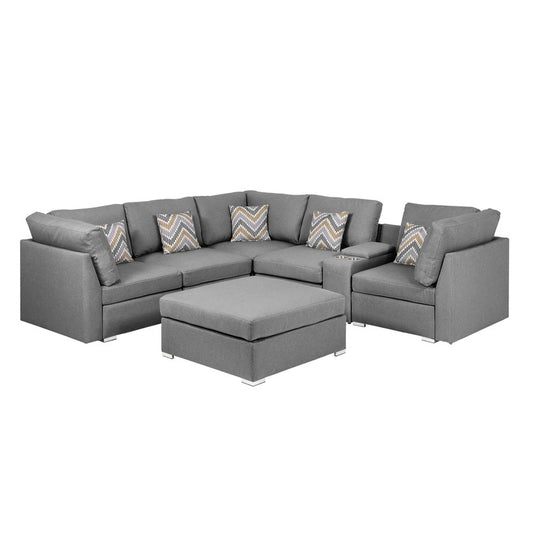 Amira Gray Fabric Reversible Sectional Sofa with USB Console and Ottoman