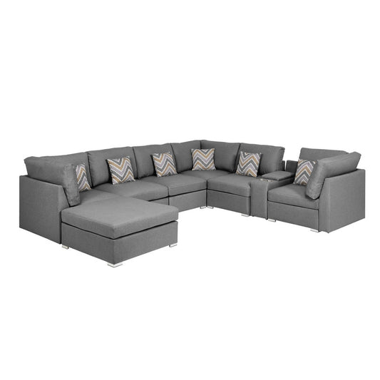 Amira Gray Fabric Reversible Modular Sectional, USB Console, Ottoman, 89825-6