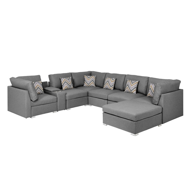 Amira Gray Fabric Reversible Modular Sectional, USB Console, Ottoman, 89825-6