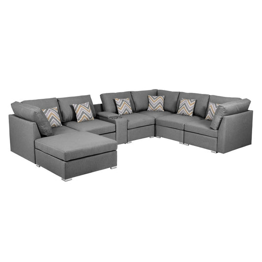 Amira Gray Fabric Reversible Modular Sectional, USB Console, Ottoman, 89825-6A