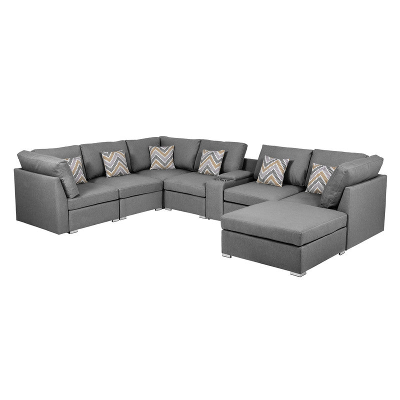 Amira Gray Fabric Reversible Modular Sectional, USB Console, Ottoman, 89825-6A