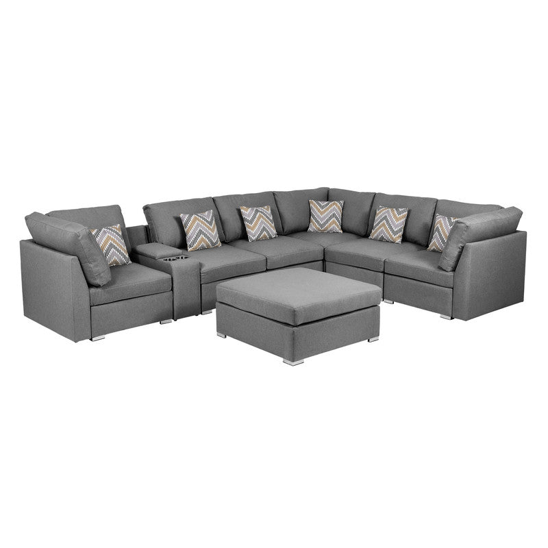 Amira Gray Fabric Reversible Modular Sectional, USB Console, Ottoman, 89825-6B