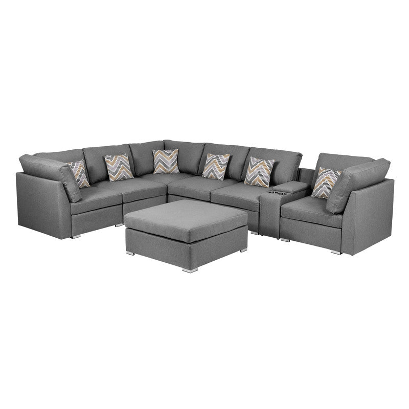 Amira Gray Fabric Reversible Modular Sectional, USB Console, Ottoman, 89825-6B