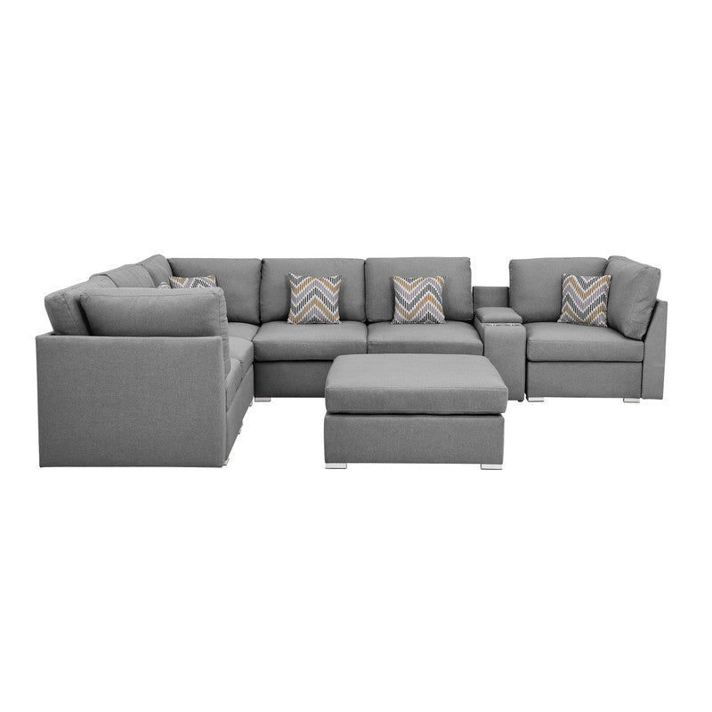 Amira Gray Fabric Reversible Modular Sectional, USB Console, Ottoman, 89825-6B