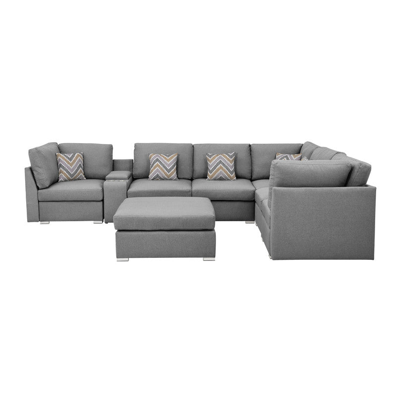 Amira Gray Fabric Reversible Modular Sectional, USB Console, Ottoman, 89825-6B