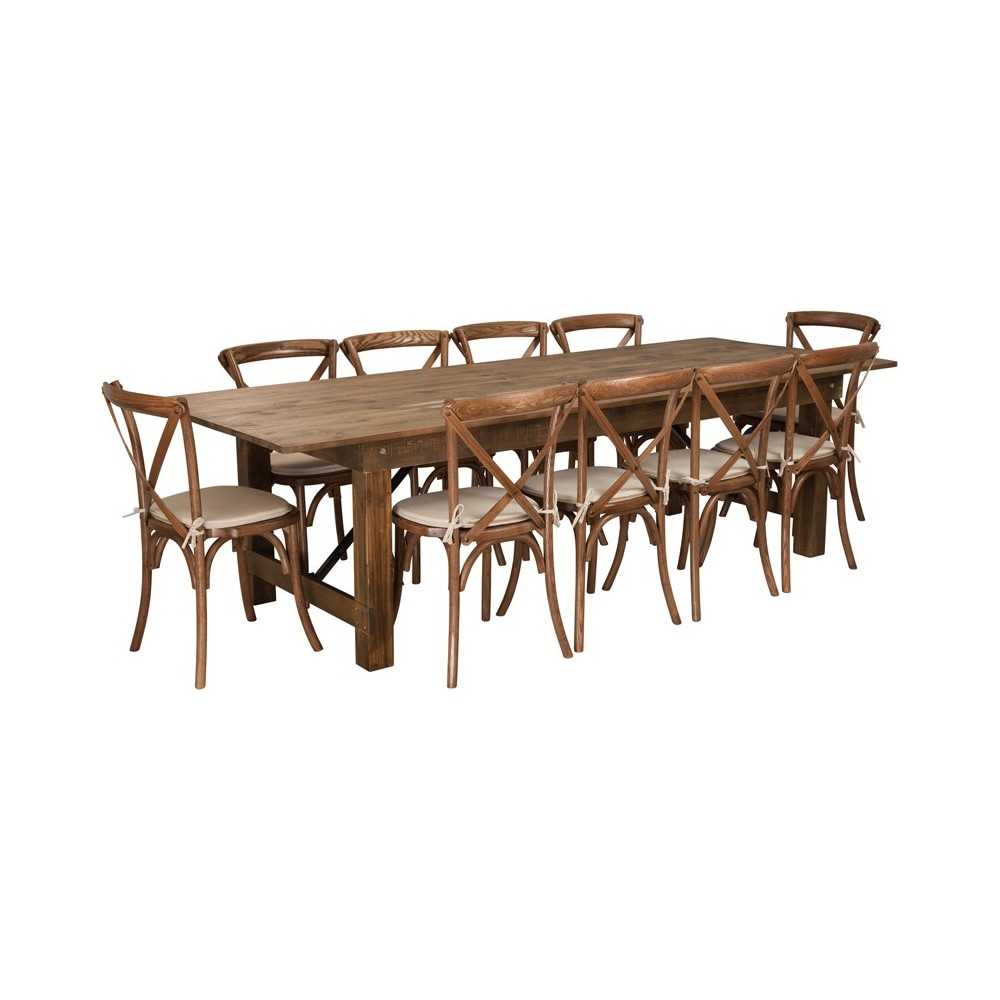 9' x 40'' Antique Rustic Folding Farm Table Set with 10 Cross Back Chairs and Cushions