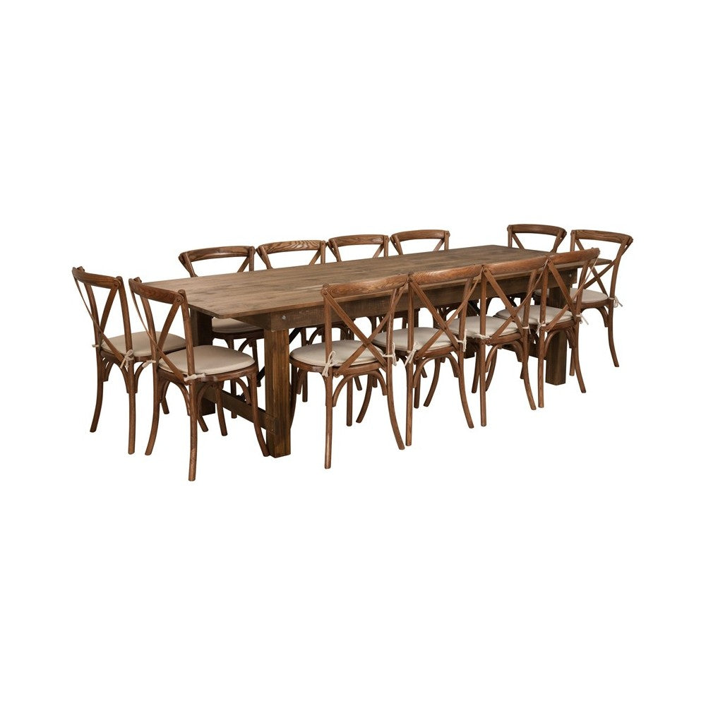 9' x 40'' Antique Rustic Folding Farm Table Set with 12 Cross Back Chairs and Cushions