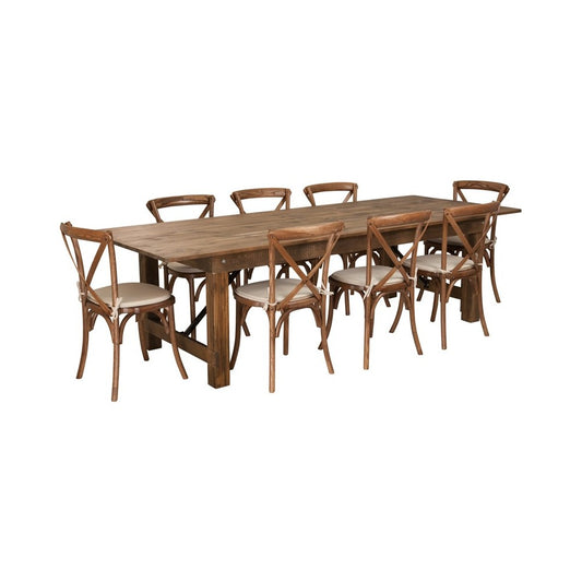 9' x 40'' Antique Rustic Folding Farm Table Set with 8 Cross Back Chairs and Cushions