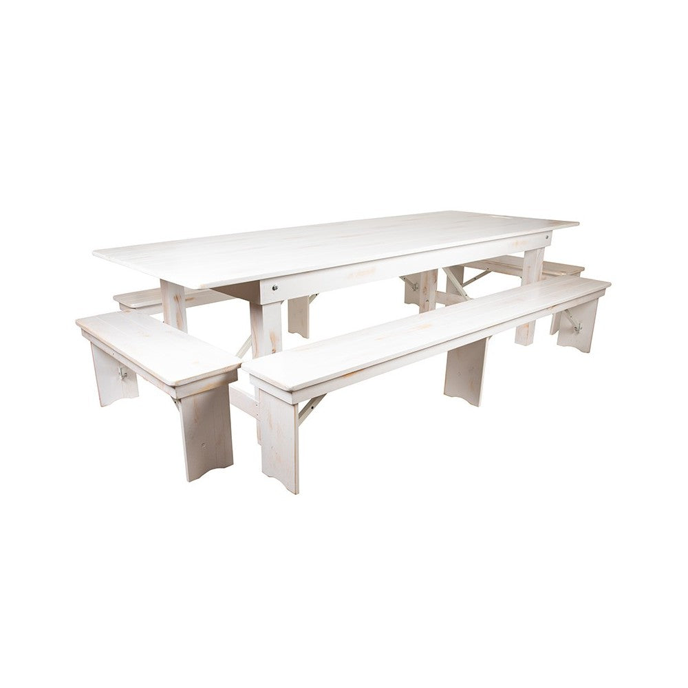 9' x 40" Antique Rustic White Folding Farm Table and Four Bench Set