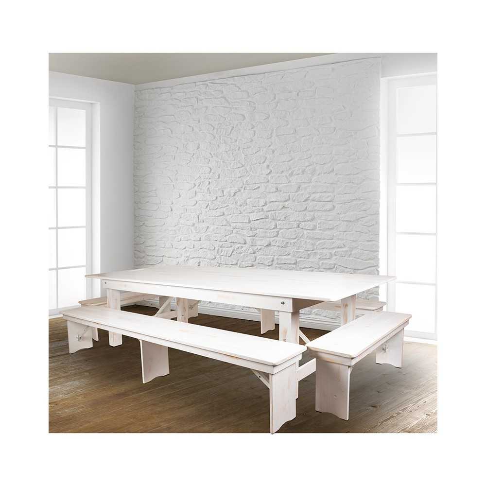 9' x 40" Antique Rustic White Folding Farm Table and Four Bench Set