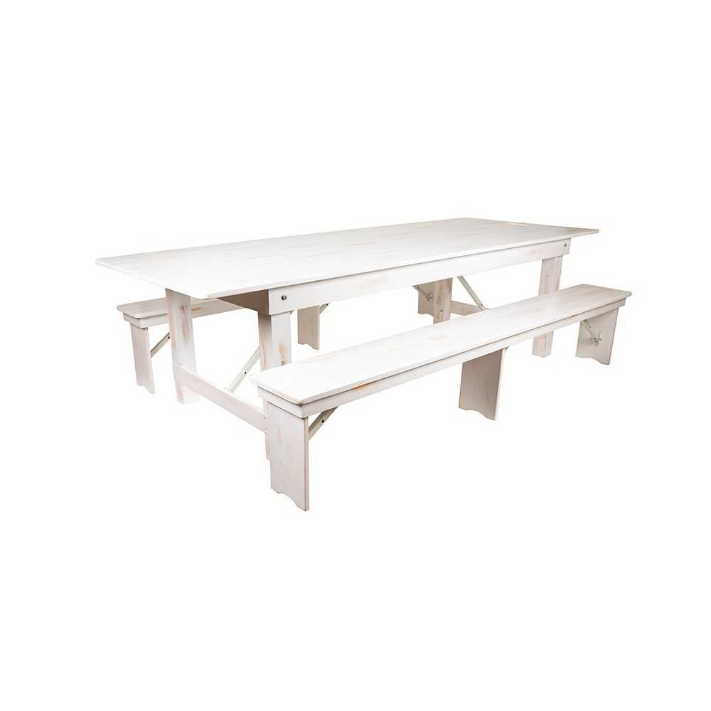 9' x 40" Antique Rustic White Folding Farm Table and Two Bench Set