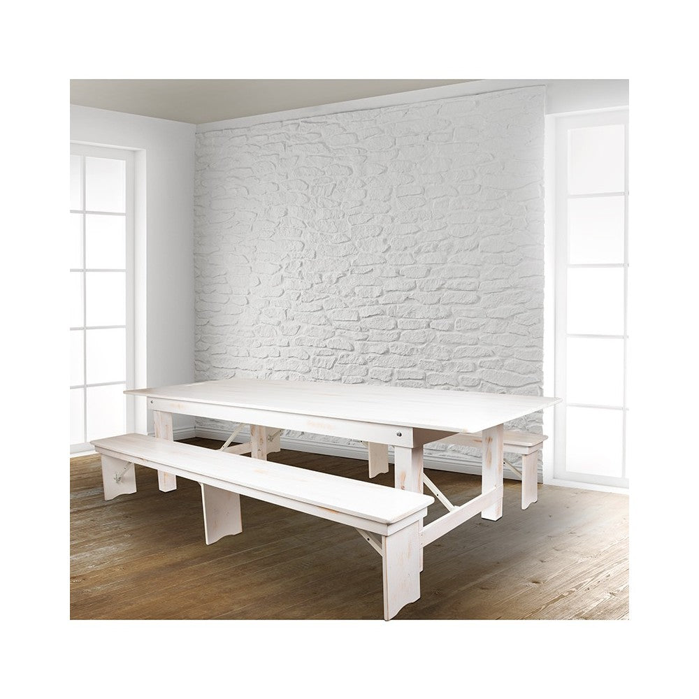 9' x 40" Antique Rustic White Folding Farm Table and Two Bench Set