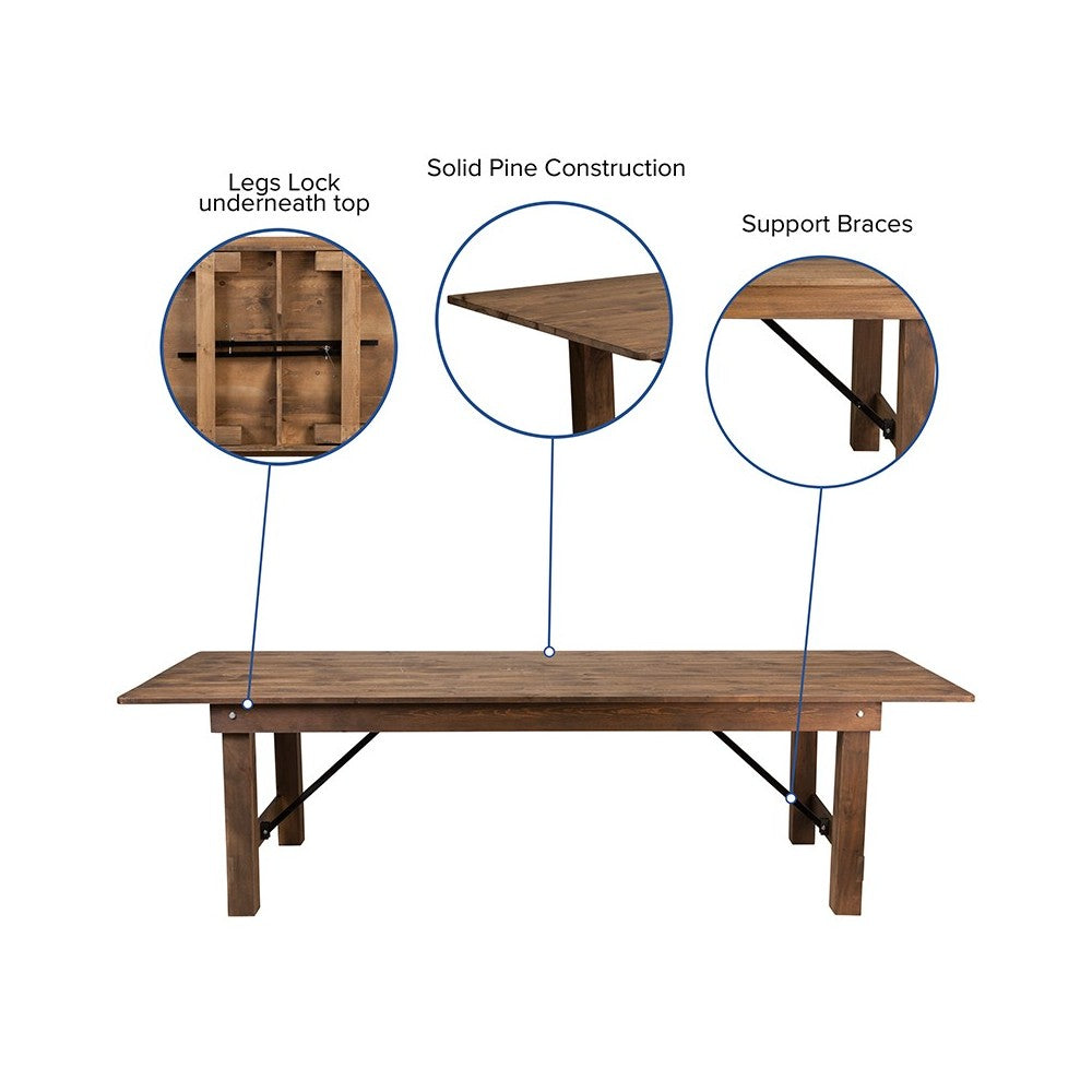 9' x 40" Rectangular Antique Rustic Solid Pine Folding Farm Table