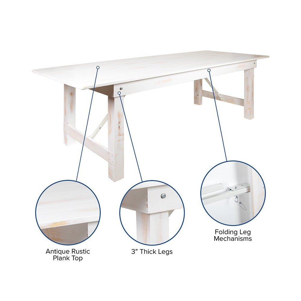 9' x 40" Rectangular Antique Rustic White Solid Pine Folding Farm Table