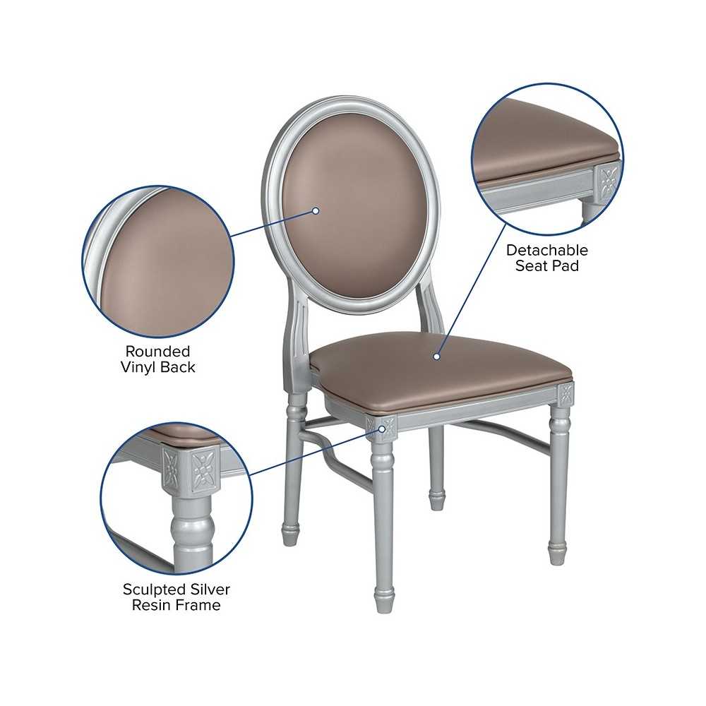 900 lb. Capacity King Louis Chair with Taupe Vinyl Back and Seat and Silver Frame