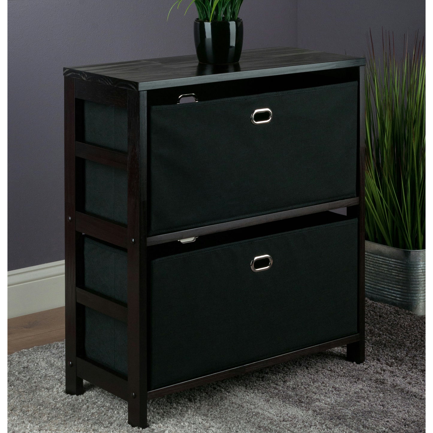 Torino 3-Pc Storage Shelf with 2 Foldable Fabric Baskets, Espresso and Black