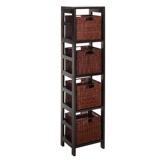 Leo 5-Pc Storage Shelf with 4 Wicker Baskets, Espresso and Walnut