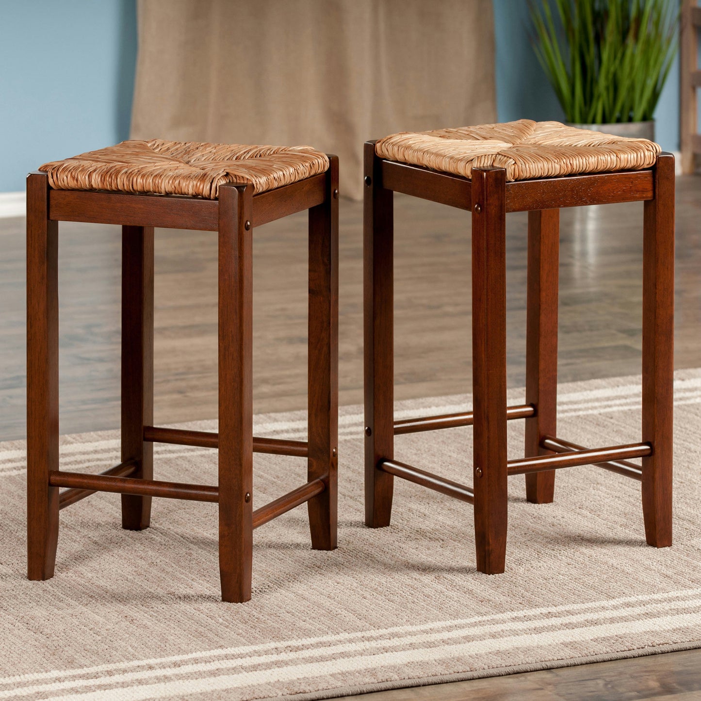 Kaden 2-Pc Rush Seat Counter Stool Set, Walnut