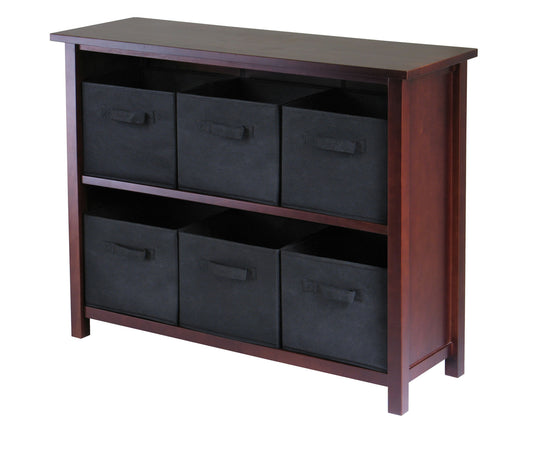 Verona 7-Pc Wide Storage Shelf with 6 Foldable Fabric Baskets, Walnut and Black