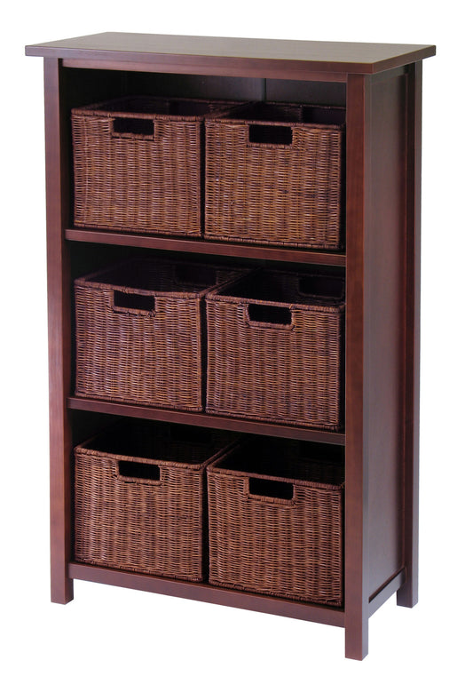 Milan 7-Pc Storage Shelf with 6 Wicker Baskets, Walnut