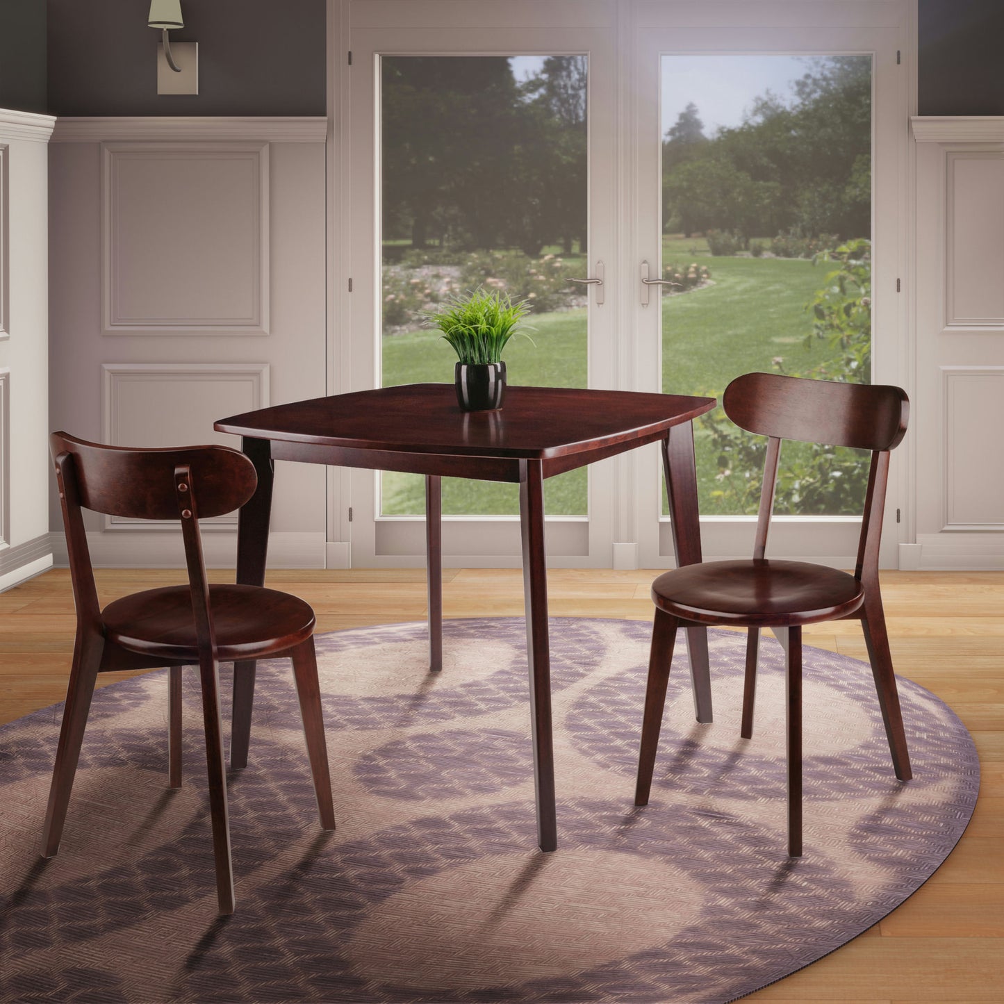 Pauline 3-Pc Dining Table with H-Leg Chairs, Walnut