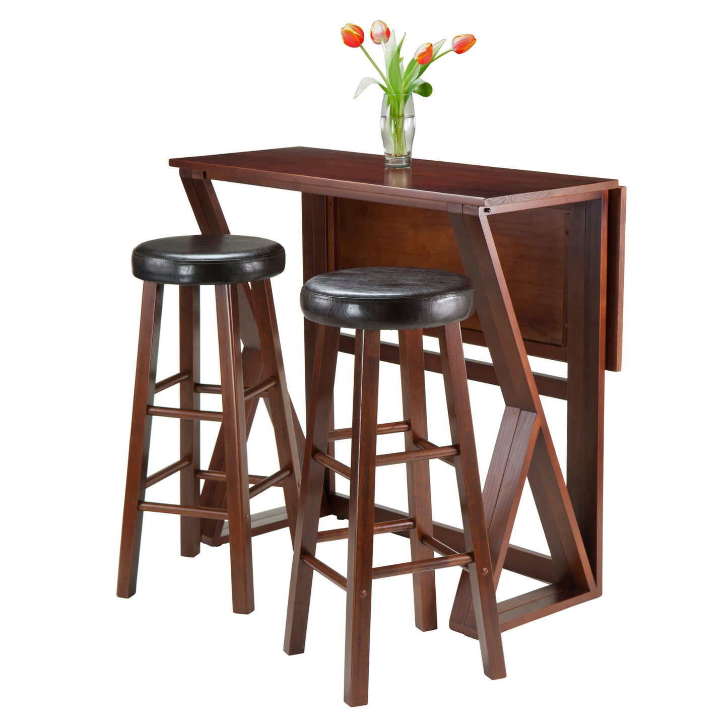 Harrington 3-Pc Drop Leaf Table with Cushion Seat Bar Stools, Walnut & Espresso