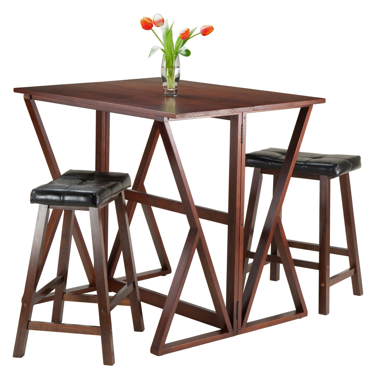 Harrington 3-Pc Drop Leaf Table w/ Cushion Saddle Seat Counter Stools, Natural